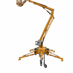 Vista lateral da plataforma hidráulica articulada sobre reboque